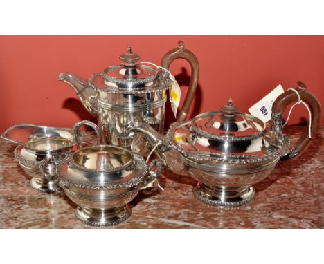 A George V four-piece tea service, by Walker & Hall, Sheffield 1927, circular, with gadrooned and anthemion decoration, snake