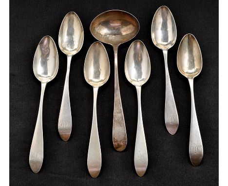 Six George III Irish Provincial dessert spoons, by John Toleken, Cork c.1810, engraved initials; and a matching sauce ladle, 