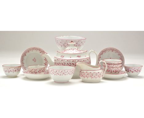 'New Hall' part tea service, pattern no. 760, comprising: teapot and cover, six tea bowls and four saucers, cream jug and two