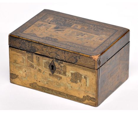 Chinese Canton lacquered tea caddy, top and sides with interior scenes in gilt, enclosing removable lead interior, 19th Centu