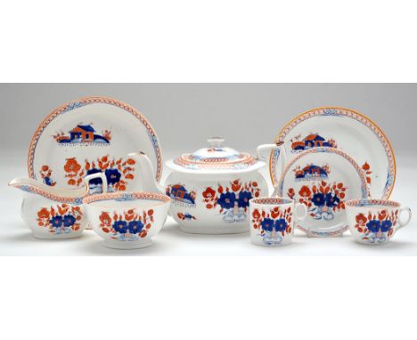 'New Hall' part tea service, pattern no. 1084, comprising: teapot and cover, tea cup, can and saucer, bowl, cream jug and two