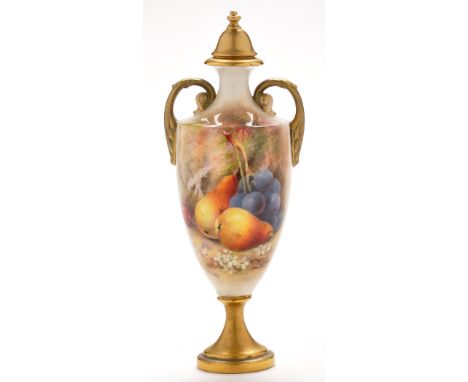 Royal Worcester painted vase and cover, indistinctly signed, with pears and grapes upon moss and foliate ground, height 20.5c