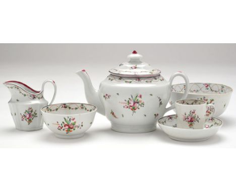 'New Hall' part tea service, pattern no. 241, comprising: teapot and cover, height 17cms, cream jug, cup and saucer, two bowl