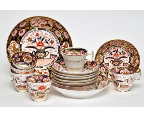 Spode part tea service, comprising: five cups and seven saucers, two shallow bowls, the largest diameter 20.2cms, marked "Spo