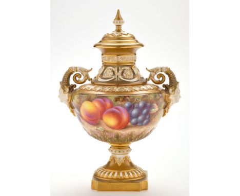 Royal Worcester urn-shaped painted vase and cover, signed "H. Ayrton", with plums and grapes upon foliate and moss background