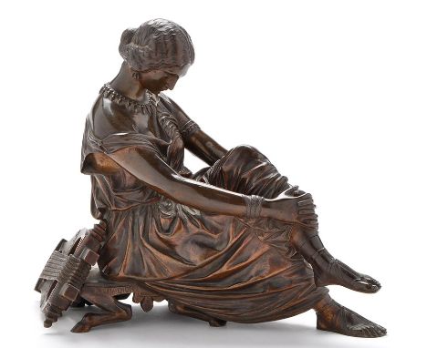 After Jean-Jacques Pradier (1790-1850): a model of Sappho seated on a stool with a lyre leaning behind, stamped 'J. Pradier, 