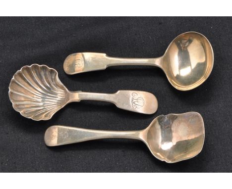 A mid 19th Century caddy spoon, by Thomas Wheatley, Newcastle c.1835, fiddle pattern and engraved initials; a George IV caddy