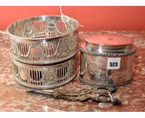 A pair of 19th Century Old Sheffield pierced coasters, decorated with paterae, mask and swag decoration, 5 1/2in. (14cms); a 