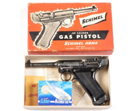 A Schimel Arms model GP22 .22cal. CO2 pistol, no. 2028X, circa 1952, the black patinated grey metal body mounted black plasti