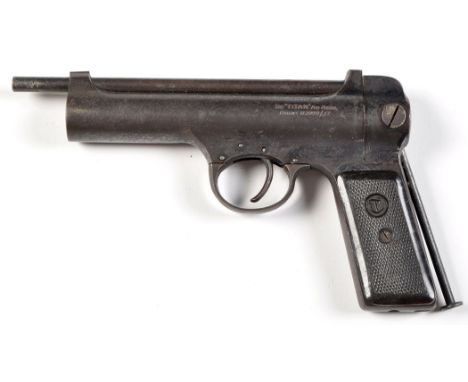 A Titan Third model .177cal. air pistol, circa 1920, blued metal body and tortoiseshell effect plastic chequer cut grip, 9in.