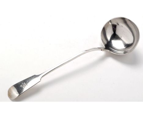 A Victorian soup ladle, by Josiah Williams & Co. (James & Josiah Williams), Exeter 1857, fiddle pattern, engraved crest, 7.5o