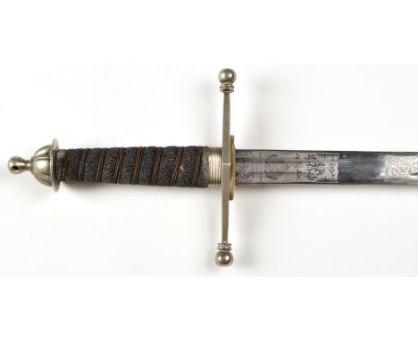 A George V WWI period ceremonial sword, the 32 1/2in. (83cms) double-edged blade with double fuller and scrolls amongst royal