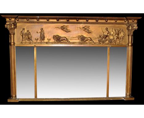 A 19th Century gilt framed overmantel mirror, of architectural form with ball mounts to the cornice and classical scene to th