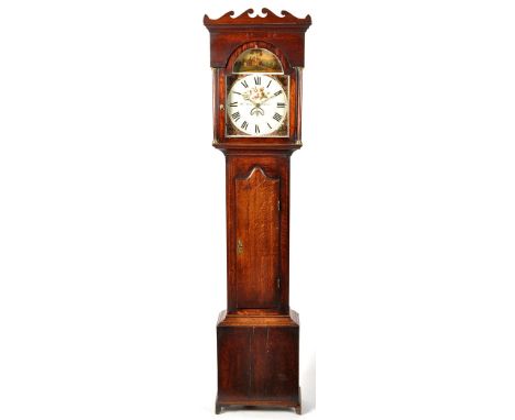 William Pratt, Askrigg: an oak thirty hour longcase clock, with painted roman dial, date aperture, foliate spandrels, rustic 