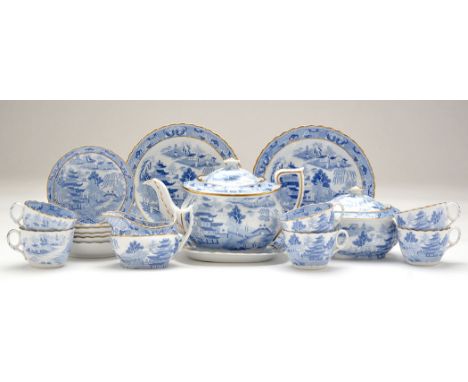 'New Hall' part tea service, pattern no. 'U172', comprising: teapot, cover and stand, sugar and cover, cream jug, six cups an