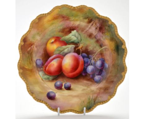 Royal Worcester painted lobed dish, signed H.H. Price, with plums and grapes upon moss and foliate ground, diameter 22.3cms, 
