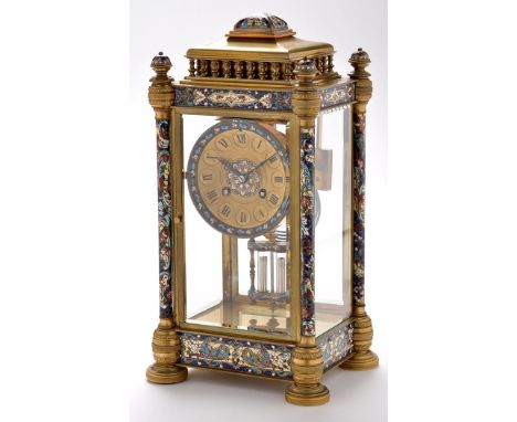 Marti et Cie: a French brass and cloisonne four glass mantel clock, the roman dial with two train movement striking on a gong