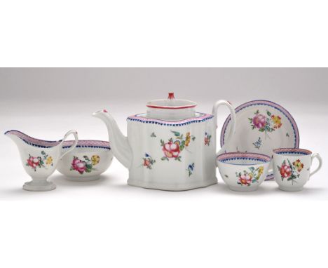 'New Hall' part tea service, pattern no. 22, comprising: teapot and cover, cup, tea bowl and saucer, cream jug and bowl, teap