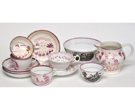 Five Lustreware cups and saucers of 'North-East' interest; printed Lustreware bowl, diameter 16.3cms; Lustreware jug, height 