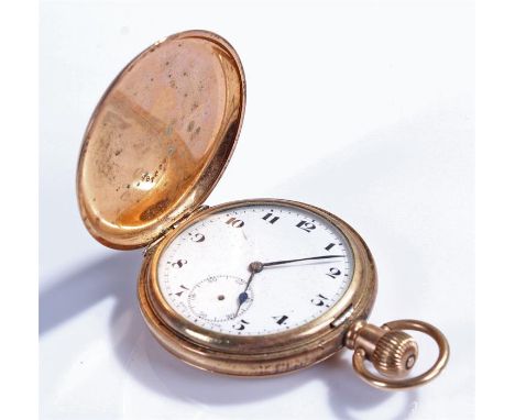 Gold plated hunter pocket watch, the white enamel dial with Arabic hours and subsidiary seconds dial, crown wound, case 53mm 