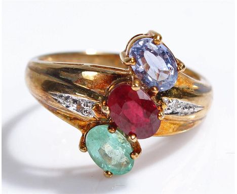 9 carat gold multi stone ring, set with emerald, ruby, sapphire and diamond, ring size N