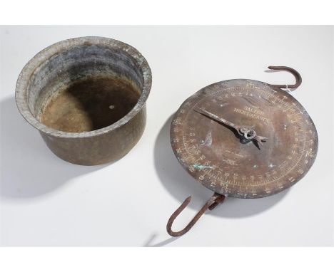 A set of brass Salter Milk Balance scales together with a brass pot, (2)