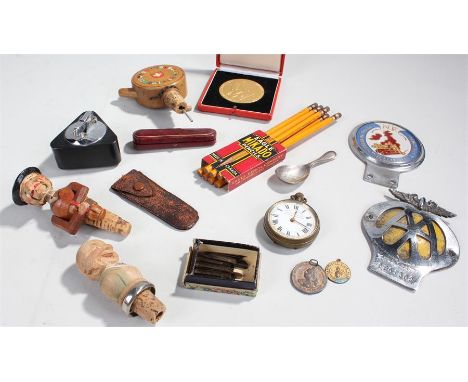 Collection of objects, to include a pocket watch, novelty corks, a medallion, caddy spoon, etc, (qty)