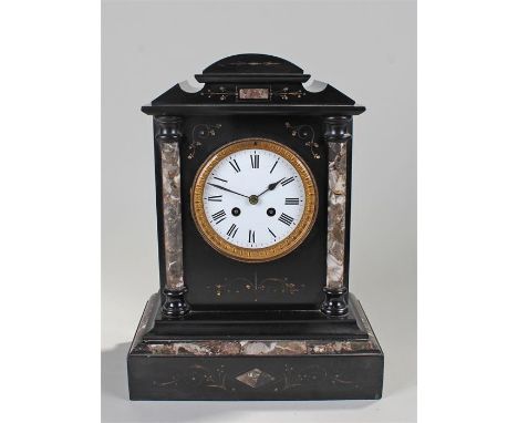 Dome top black slate clock, white enamel dial with Roman numerals, 37cm in height 