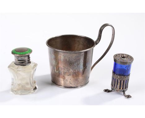 Silver cup holder, Birmingham, 1937, maker, Adie Brothers Ltd, silver and blue enamel pot, Birmingham, 1927, and another silv