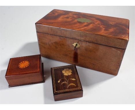 Victorian mahogany tea caddy, together with an inlaid jewellery box and an inlaid puzzle box, (3)