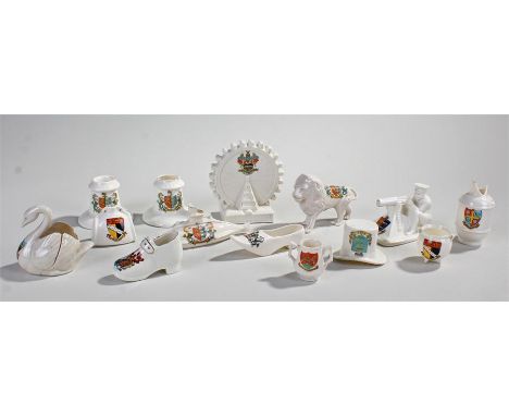 Crested china, to include a Carlton Crested submarine, an Arcadian First World war machine gunner, Blackpool big wheel, a sho
