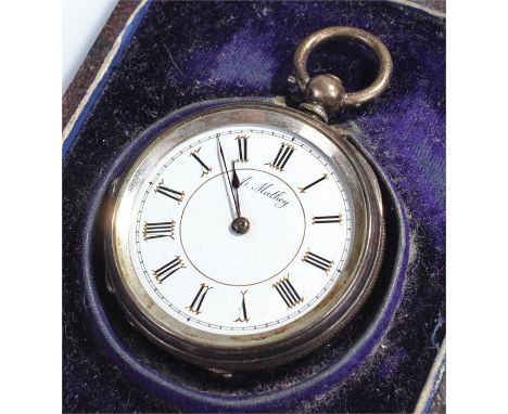 Silver open face pocket watch, the white enamel dial with Roman hours, cased