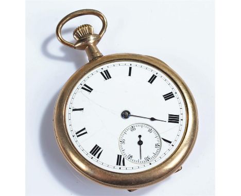 Gold plated open face pocket watch, with a white enamel dial and Roman hours, crown wound, 52mm diameter 