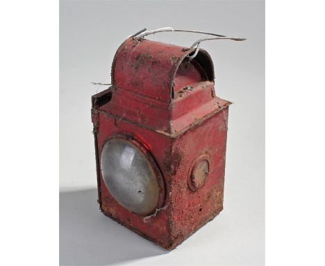 British Rail lamp, painted in red, B.R. to the arched top