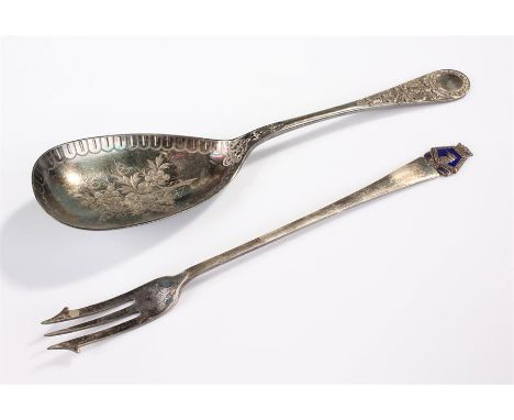 Victorian silver spoon, London, 1870 together with a silver plated fork surmounted by a blue enamel crest for HMS Furious, or