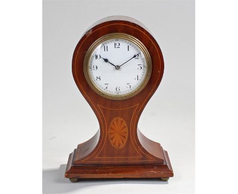 Mahogany balloon clock, the arched case with white enamel dial 