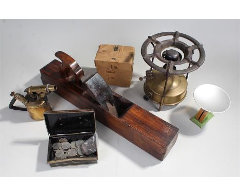 Mixed lot of vintage objects, to include, a brass primus stove, a brass blow torch, a wood plane, tin money box with coins,  