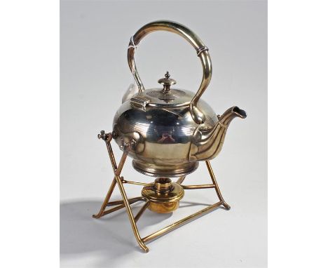 Victorian silver plated teapot on stand, the arched handle above a ring decorated body on stand
