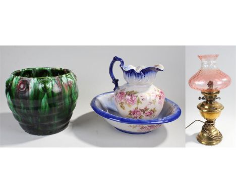 Pottery bowl, jug and basin and oil lamp, (4)