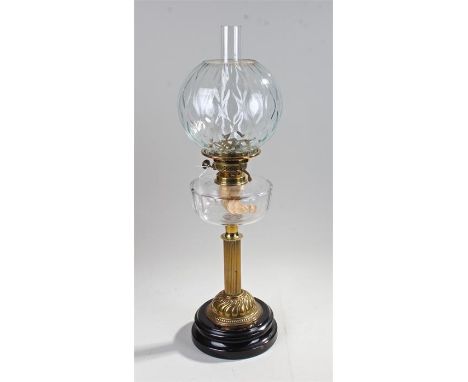 Oil lamp, brass column and font cap, glass ball shade and chimney