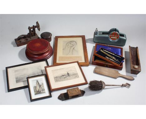 Mixed lot, including a Scotch Boy tape dispenser, W.H. Harding mathematical instruments, as well as prints and tools (qty) 