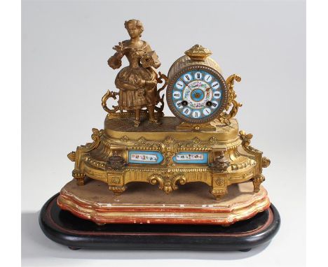 Late 19th Century French Gilt spelter clock with enamel dial and detailing (h:36cm,l:40cm,d:20cm) 