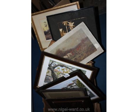 A quantity of Prints including country landscapes, Map of Wales, oriental straw picture, etc.