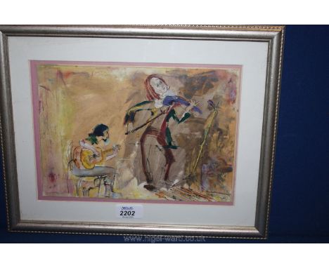 An oil on card 'Carlene &amp; Ali playing in the Assembly Room' by June Coveney.