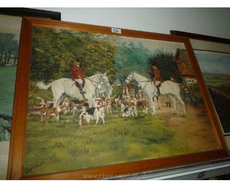 A framed Cecil Aldin hunting Print, a country Landscape by K. Melling and an Oil on board of a hunt