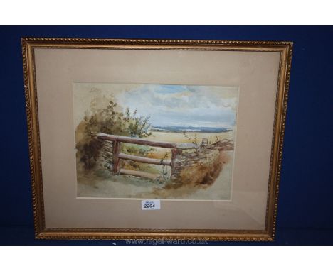A watercolour of a landscape with an old gate in the foreground, unsigned.