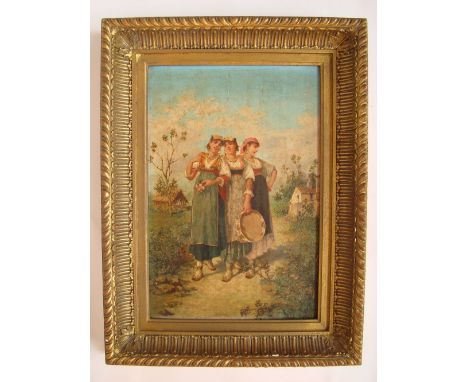 Luigi Scorrano (1849 - 1924, Italian).
A group of three gypsy women, one holding a tambourine, oil on panel, signed L Scorran