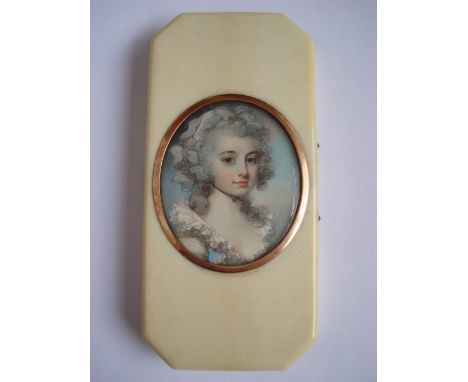 George Engleheart (British 1750-1829)
Miniature portrait of Mrs Jane Lambert (1757-1791)
wearing a pale blue dress with white