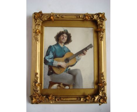 Jeanne Devina (late 19th Century, French).  
Portrait of a seated guitar player in renaissance costume, watercolour on ivory,