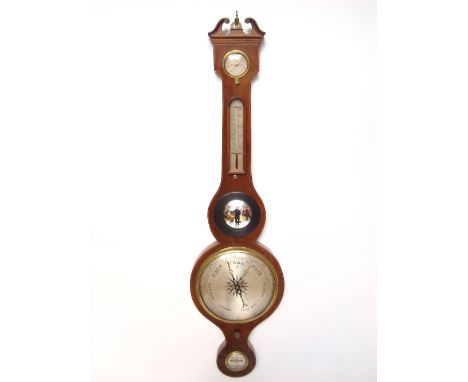 An early 19th Century mahogany wheel barometer with silvered 8" dial, damp/dry scale, thermometer, convex mirror and level, s